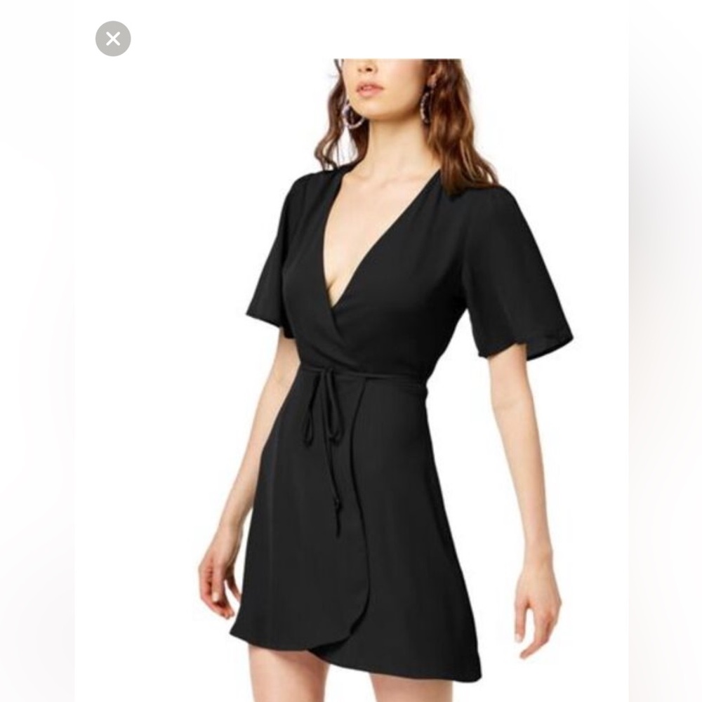 💜 NWT Socialite Women's Black Ribbed Short Sleeve Mini Wrap Dress Size Small